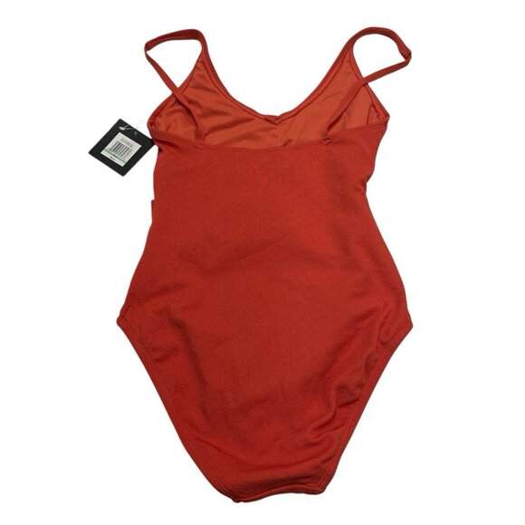 Ellen Tracy Swimsuit Women 8 Earthly Red Textured One Piece O Ring Belted Beach - Picture 2 of 6
